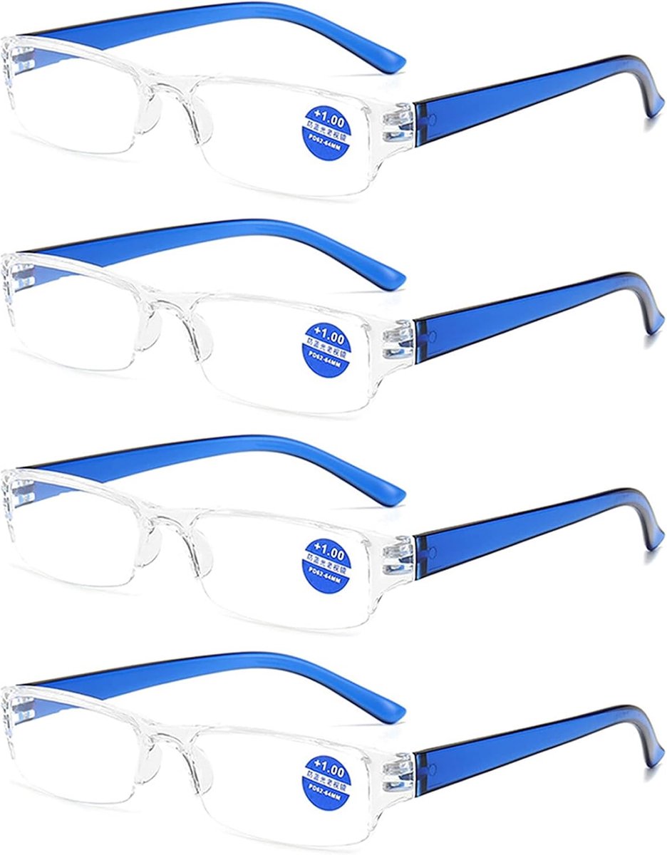 KoKoBin Pack of 4 Ultralight Reading Glasses Anti-Blue Light with Transparent Frame (4 Blue, 3.0) - ShopVlot