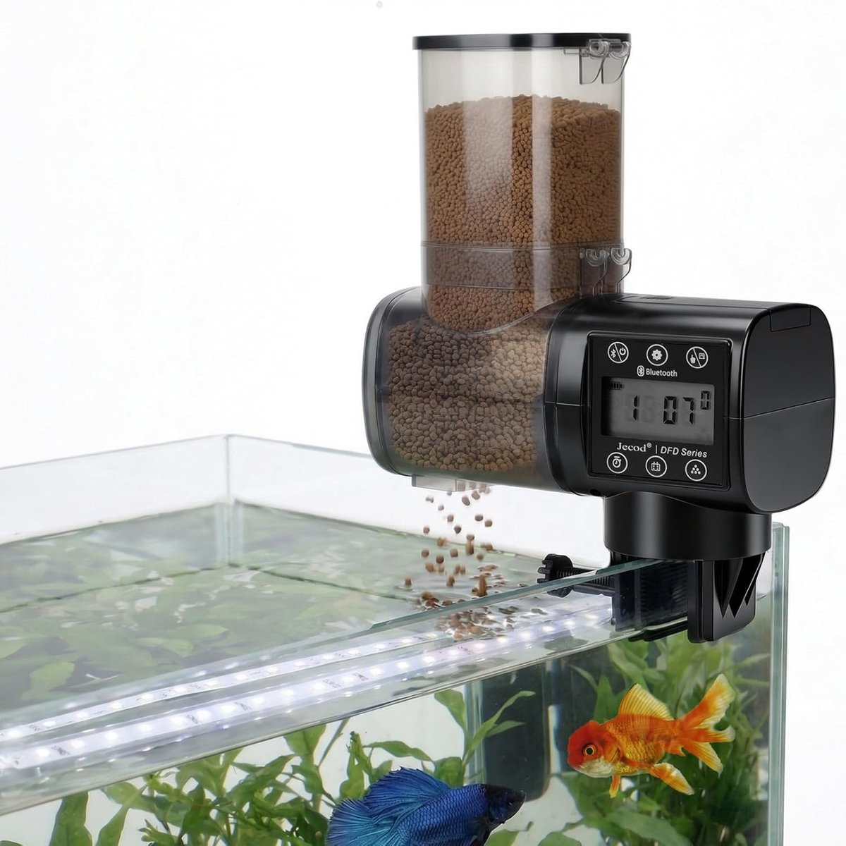 Automatische voederdispenser voor vissen met instelbare porties en timerfunctie voor optimaal voerbeheer