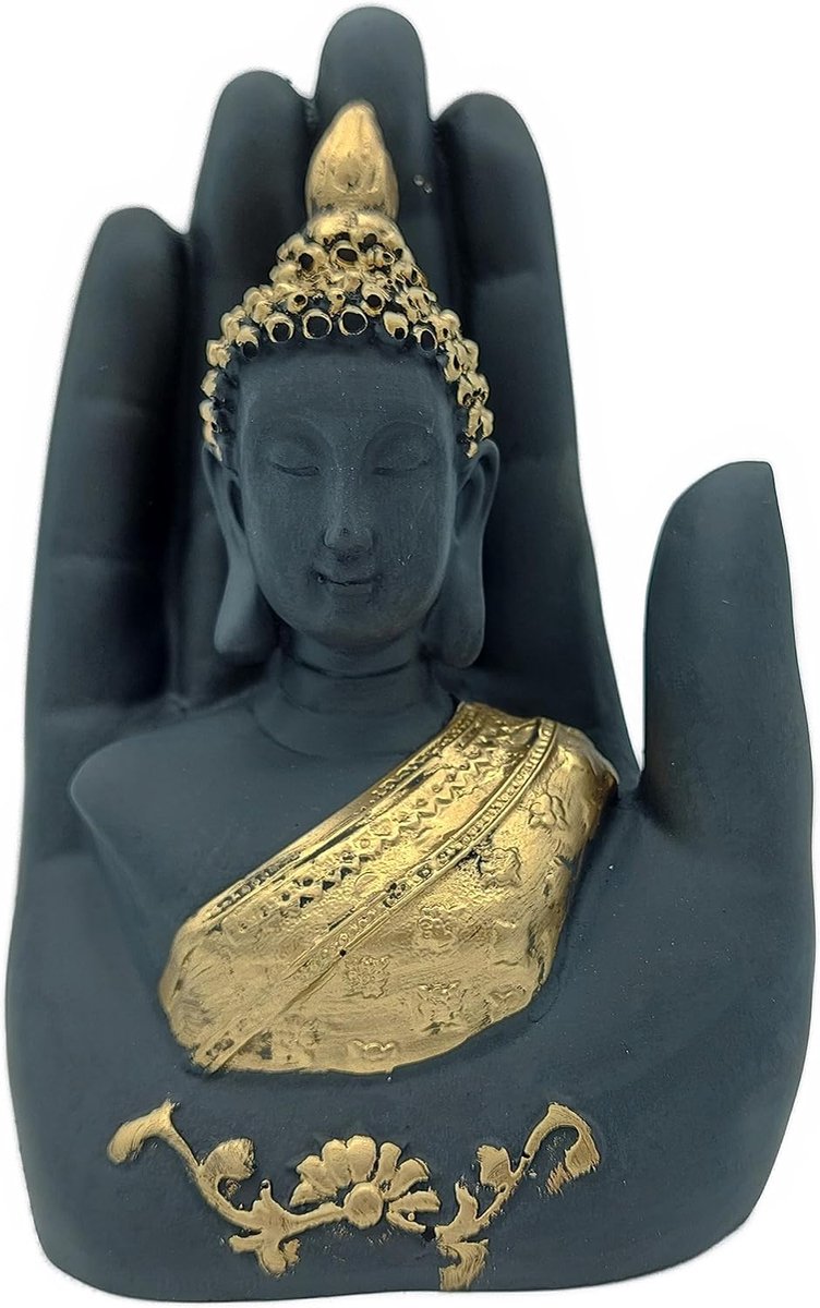 Palm Buddha statue marble resin black gold 18 x 10.5 x 8 cm - decoration spirituality harmony - ShopVlot