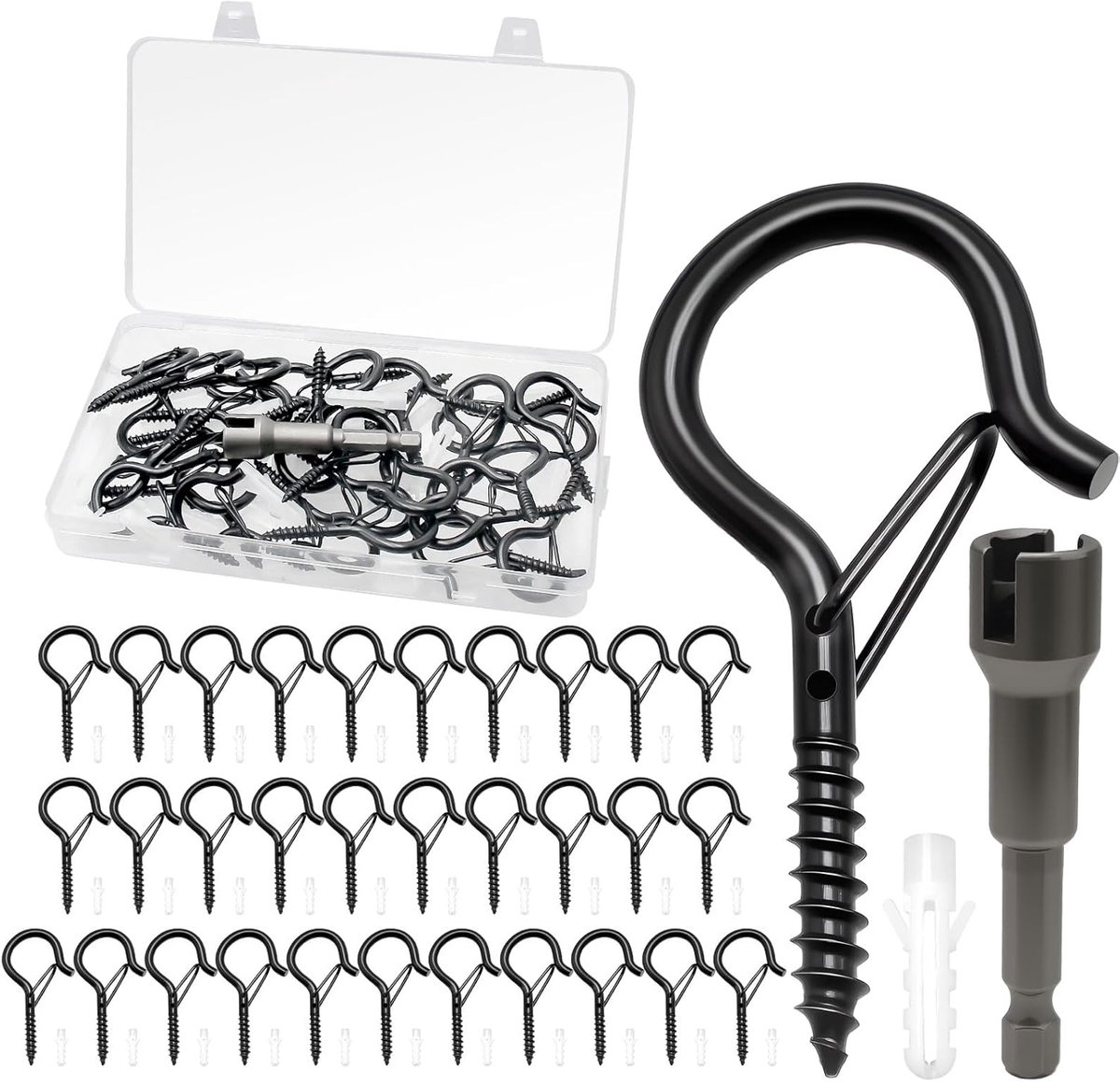 Pack of 32 Stainless Steel Black Screw Hooks for Screwing with Fuse Hook Screws for Hanging Plant Baskets Christmas - ShopVlot