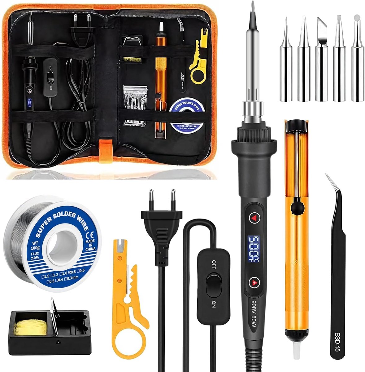 Soldering Iron Set 80 W, Adjustable Temperature 180-500 °C, Precision Electronics with On/Off Switch, 5 Points - ShopVlot