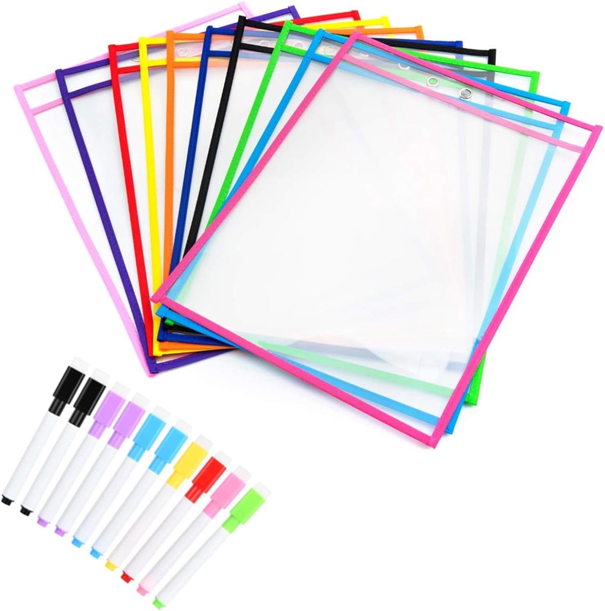 ZWOOS Leer- en verzameltassen, 10 stuks herbruikbare Dry Erase zakken met balpen, schrijfwaren voor kantoor en school - ShopVlot