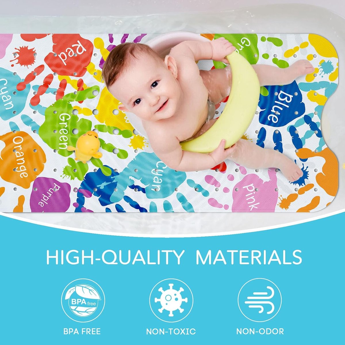 SHUCHING Non Slip Baby Bath Mat Handprint Baby Non-Slip Bath Mat Mildew Resistant and Machine Washable 100 x 40 cm - ShopVlot