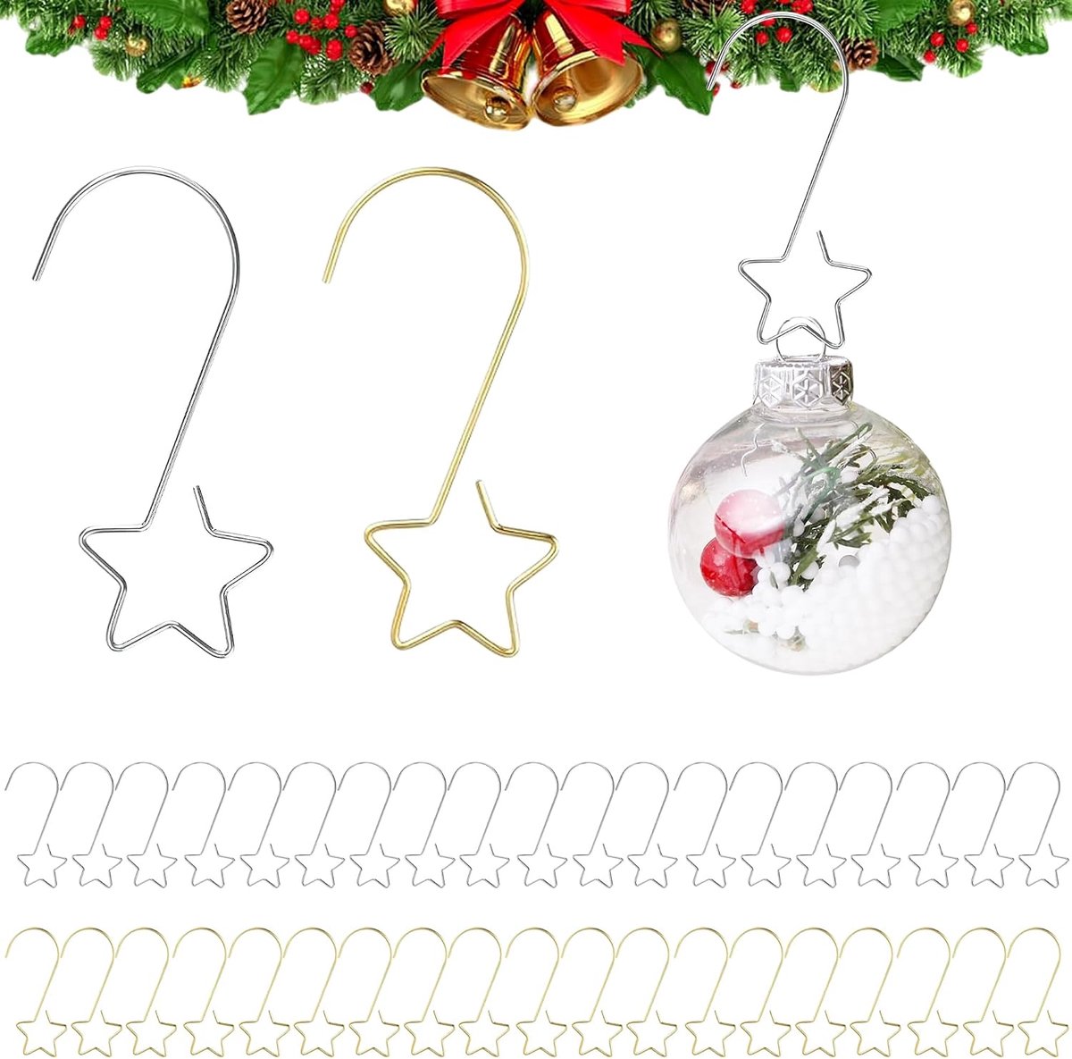 DHER Set van 40 kersthaken kerstboomversiering haken - Kerstboomdecoratie, stervormige kersthaken voor kerstballen - ShopVlot