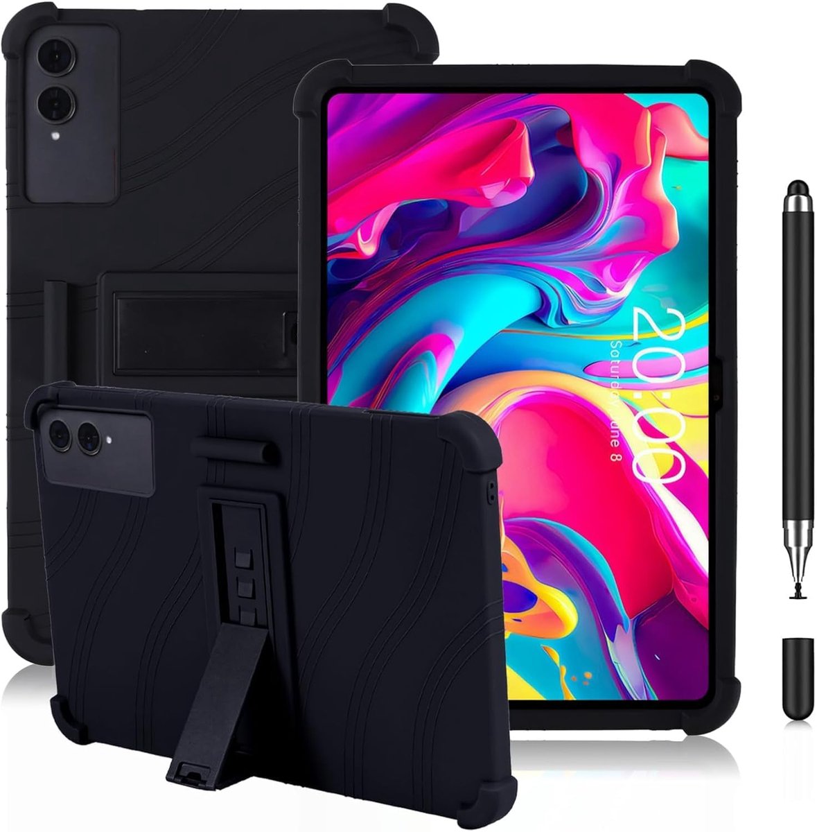 Voor RebotAi AF13 tablethoes 13,4 inch - zwarte schokbestendige siliconen hoes met verstelbare standaard + bonus - ShopVlot