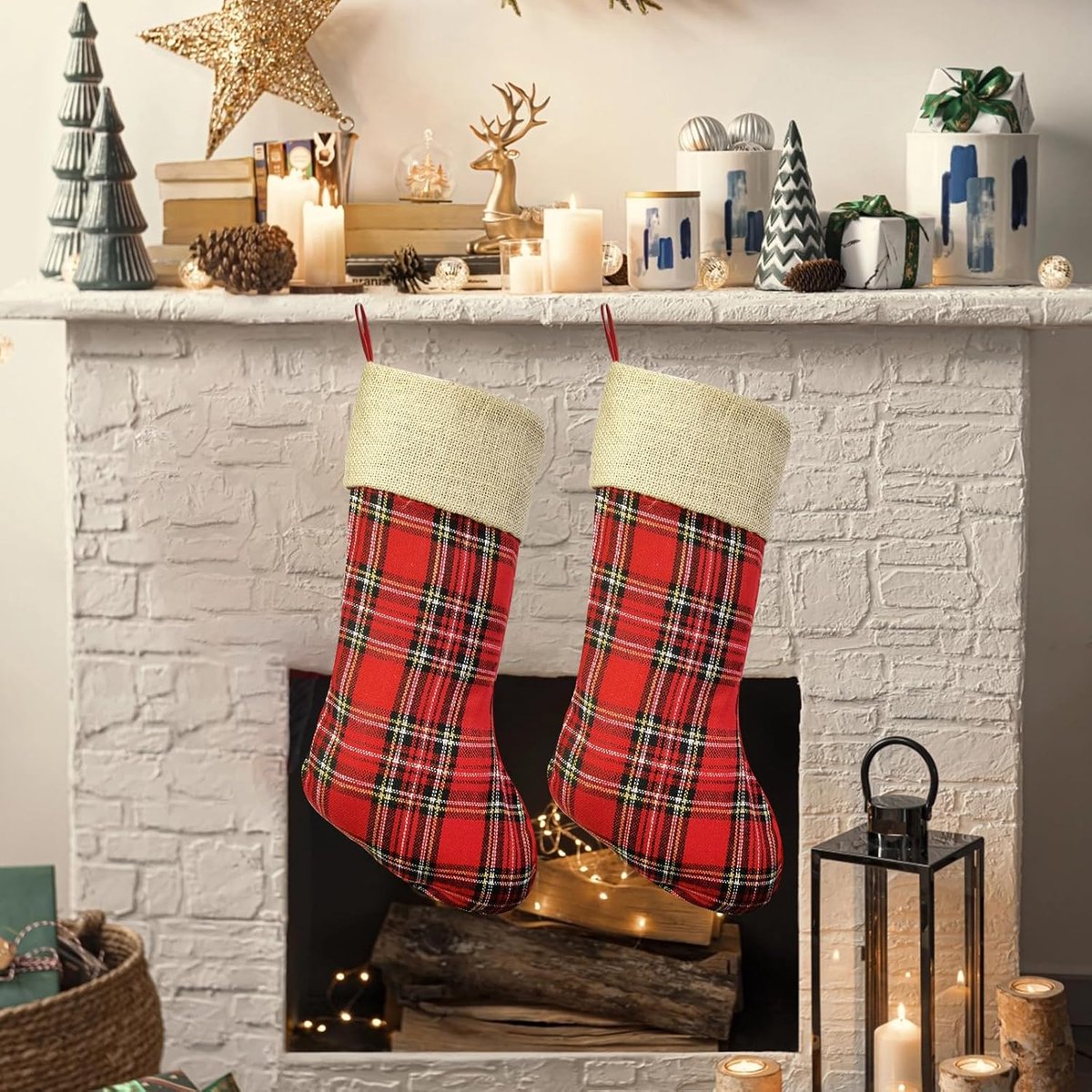 Christmas decoration stockings, red checked/solid red, 2 pieces - ShopVlot
