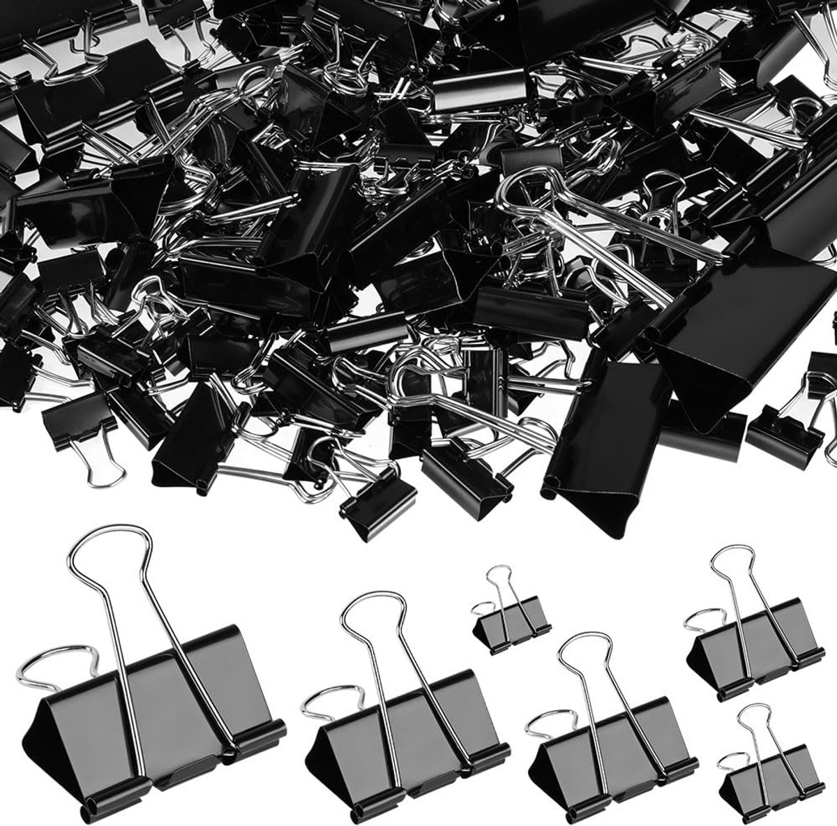 190 stuks Foldback clips 15mm - 19mm - 25mm - 32mm - 41mm - 51mm Paperclips Metalen bindclips Multifunctionele clips Foldback clips Zwarte paperclips voor documenten - papier - notities etc