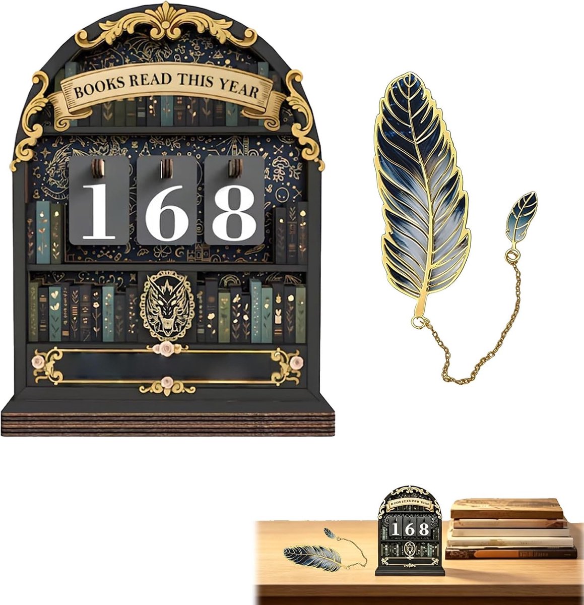 2-delige lees-set voor boekenliefhebbers - houten boekenteller 11.8x15 cm - vintage veer bladwijzer - ShopVlot