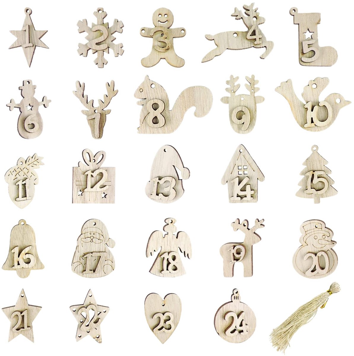 Solidchoice - 24-delige Houten Adventskalender Figuren voor Feestelijke Decoratie