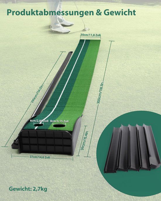 Golf Putting Mat - Oefenmat Golf - Indoor Golf Training - Met Terugloopbaan - 300 cm Lengte - Groen van GOLF — afbeelding 5
