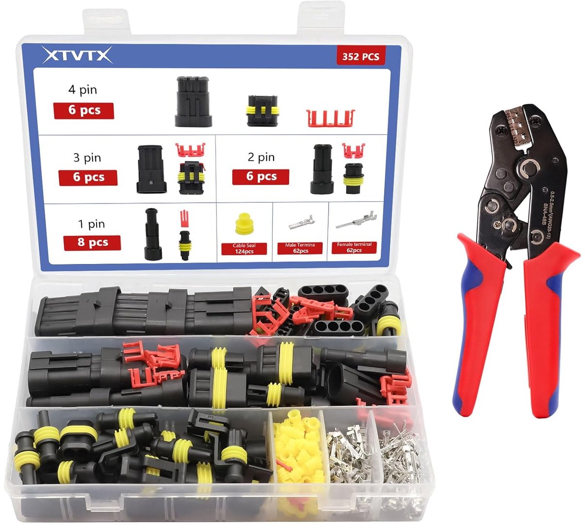 SnelShoppen - 352-delige Auto Stekker Set, Waterdichte Auto Connectoren 12v, Inclusief Crimp Tang, 1/2/3/4-Pins Stekkers Geschikt voor Auto, Motor, Bo