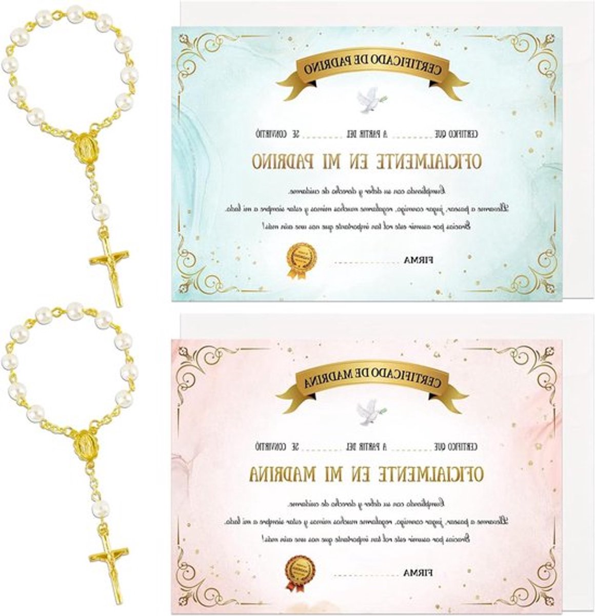 Set van 2 Spaanse kaarten voor peetouders met armbanden, tassen en enveloppen als cadeau voor doopfeesten, stijlvol en persoonlijk vormgegeven