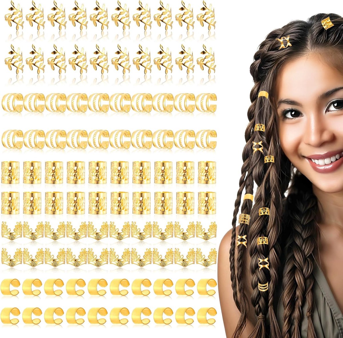 Haaraccessoires 100 stuks - Gouden dreadlocks sieraden - Verstelbare cuffs - Perfect voor vlechten - ShopVlot
