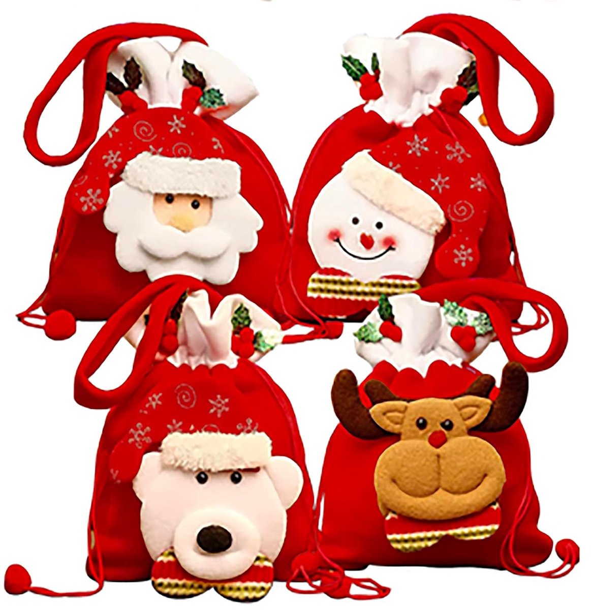 Solidchoice - Set van 4 Kerstcadeau Zakjes met Trekkoord