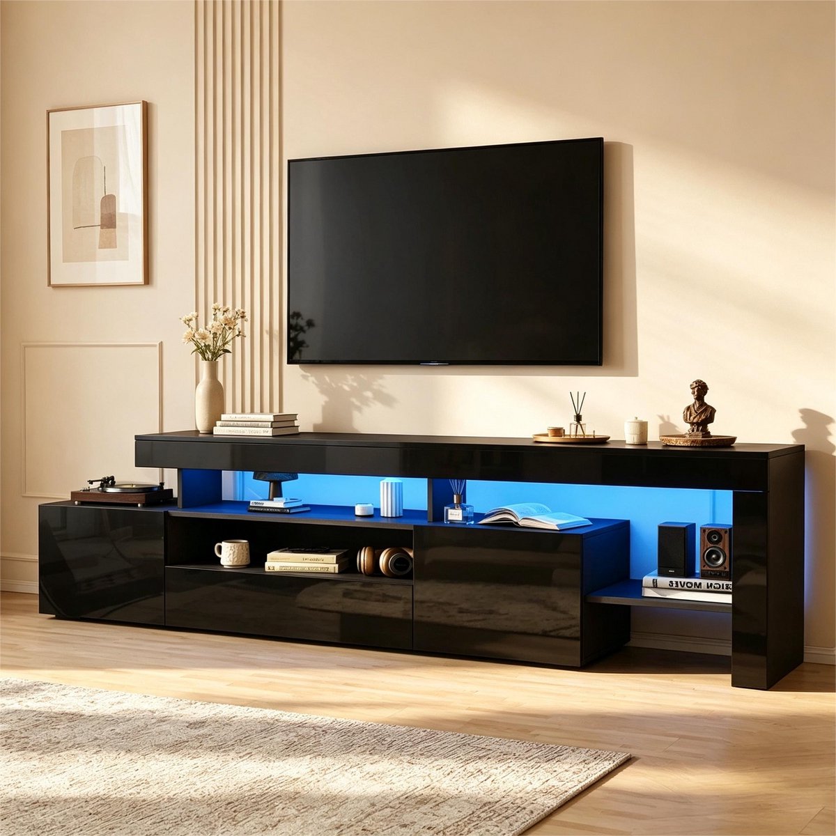 DESMIU Dressoir - Tv Meubel Met LED Verlichting En Hoogglans Front - Voor Woonkamer En Tv Tot 85 Inch - Spaanplaat - 192x37x53 Cm - Zwart