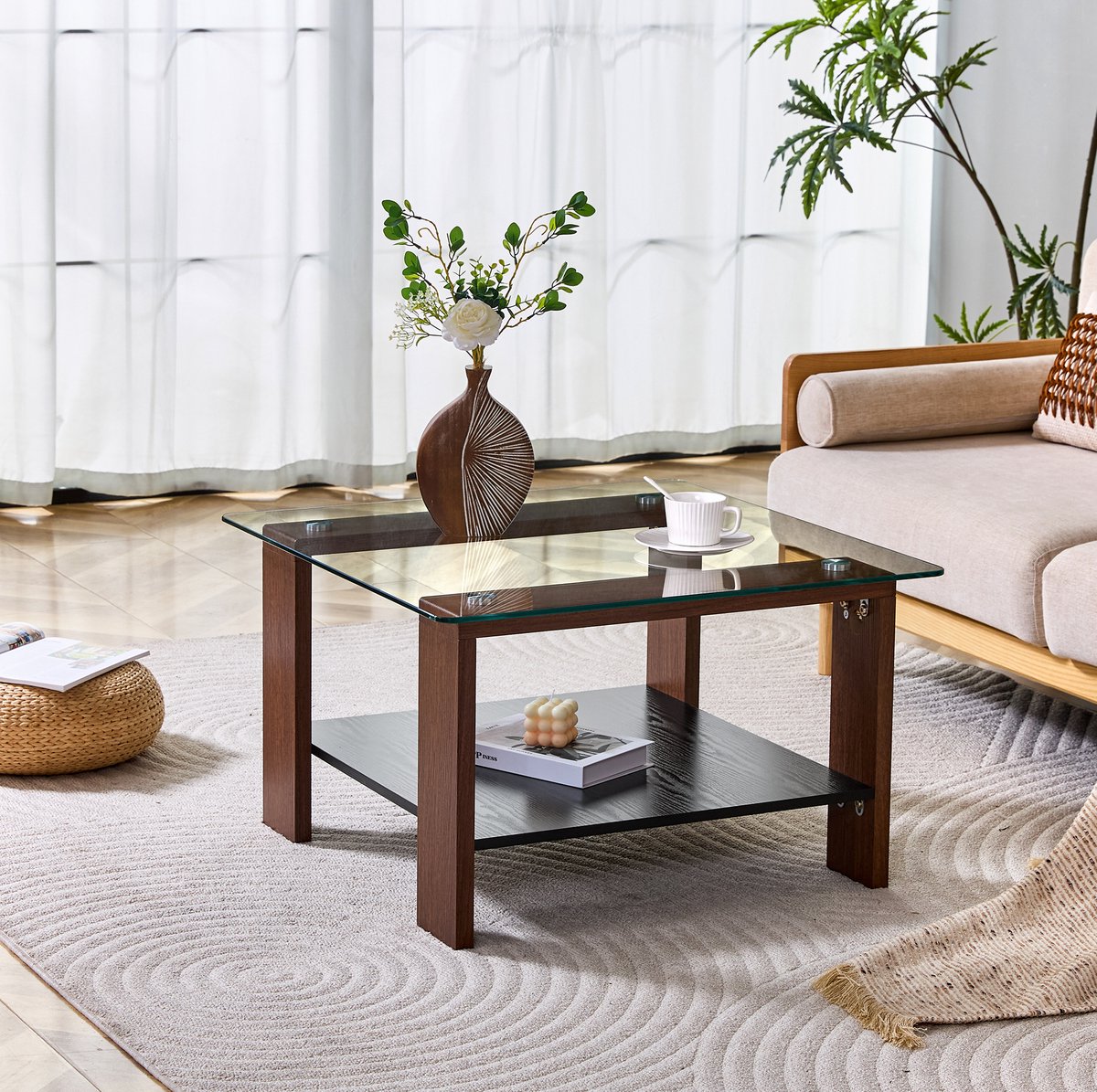 COVREO Salontafel 65 x 41 x 45,5 cm walnoot, glas met opbergruimte