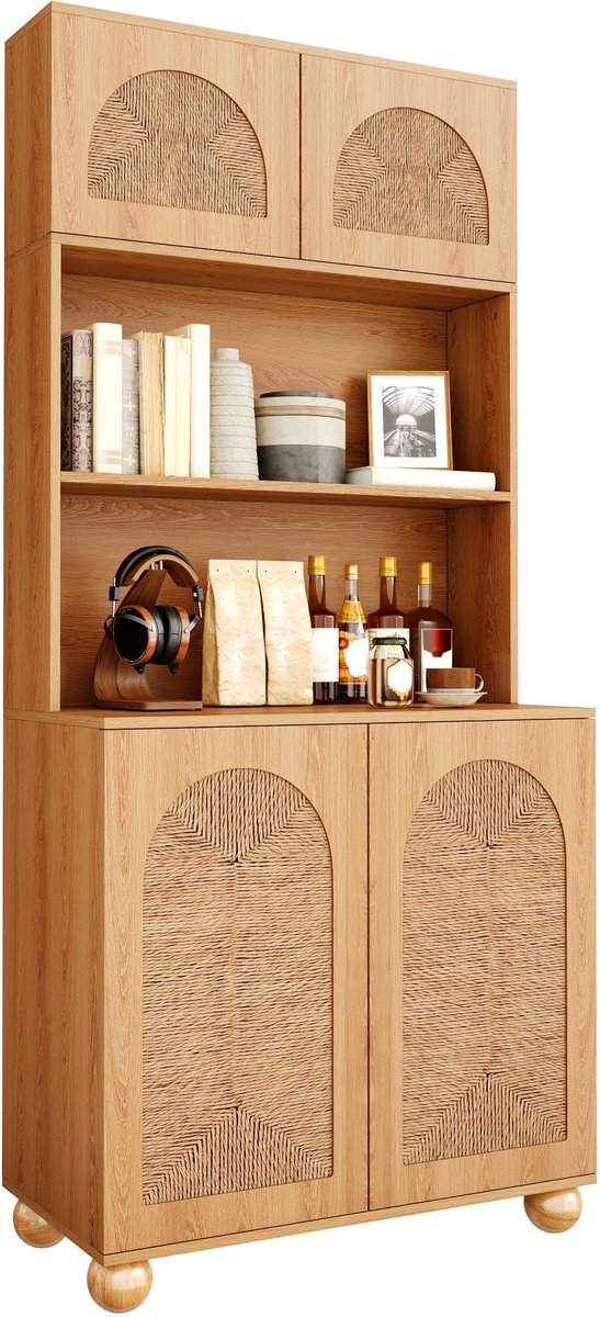 Hoge Kasten Met Deur 80x40x180 cm - Sideboard Met Rieten Deuren En Verstelbaar Legbord - Spaanplaat MDF Natuur