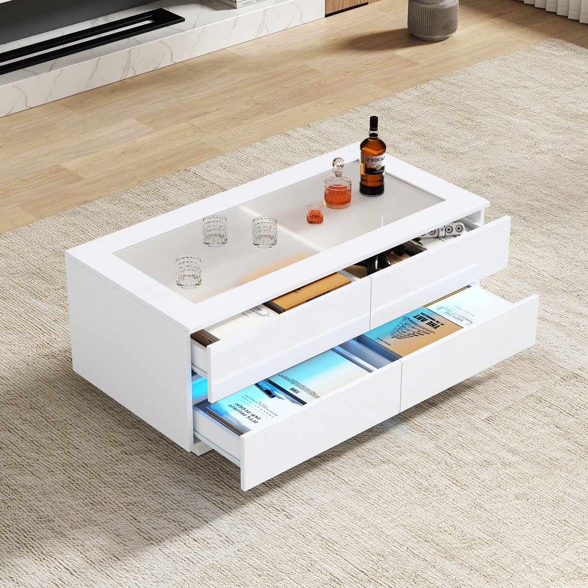 Witte Salontafel 100x50x40 cm - Hoogglans Tafel Met 4 Laden LED Verlichting En Gehard Glas Wit