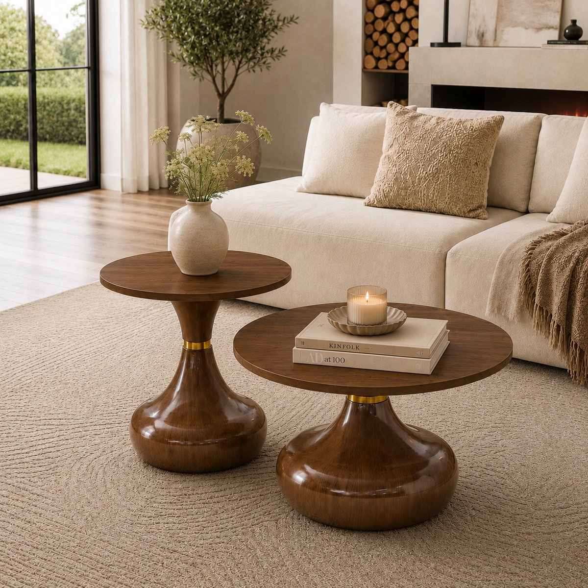 2-delig Tafelset Ronde Salontafel 70 cm & Bijzettafel 50 cm - MDF Met Metaal Walnoot