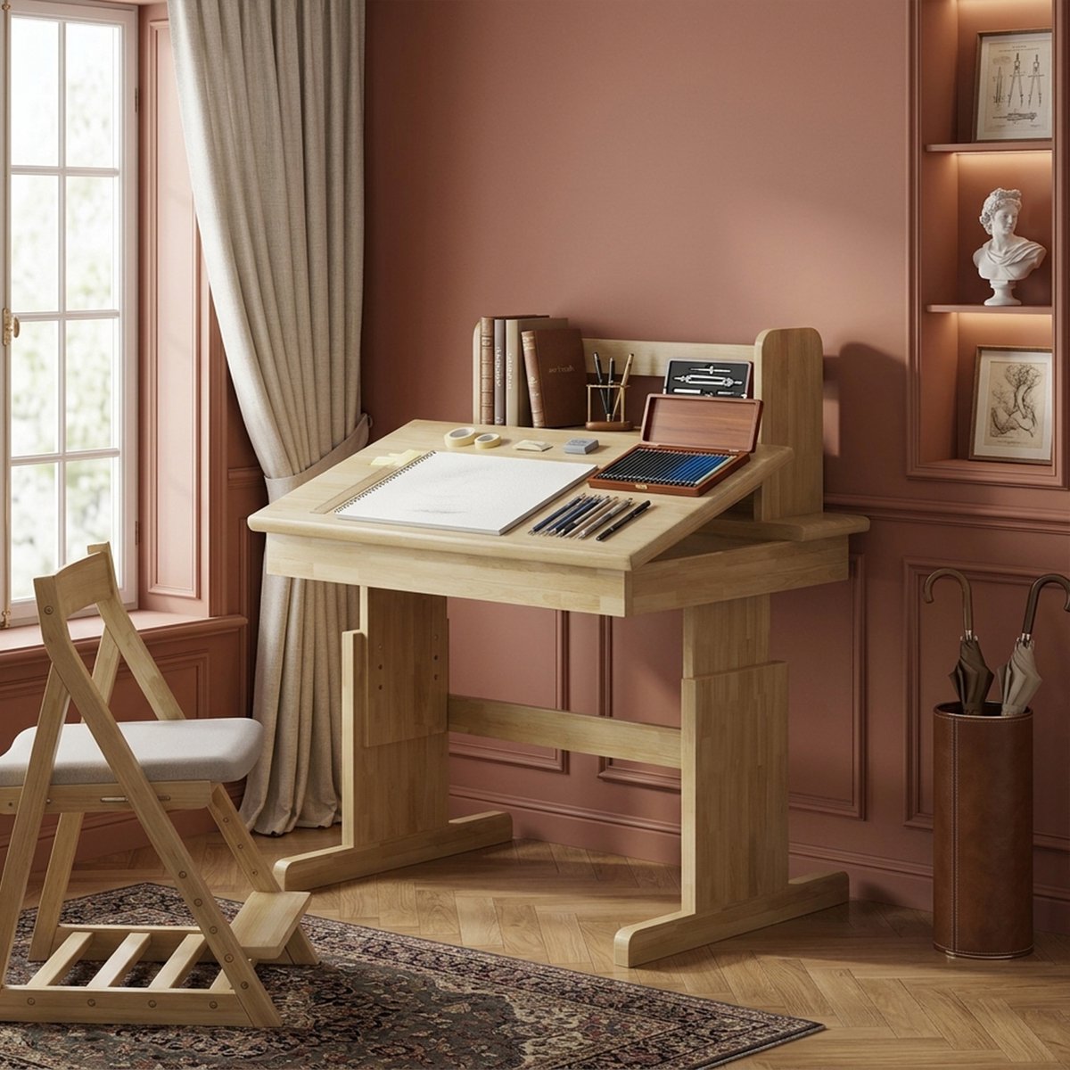 Kinderbureau 80x60 cm - Hoogteverstelbaar Massief Houten Bureau Met Kantelbaar Blad En Boekensteun Naturel