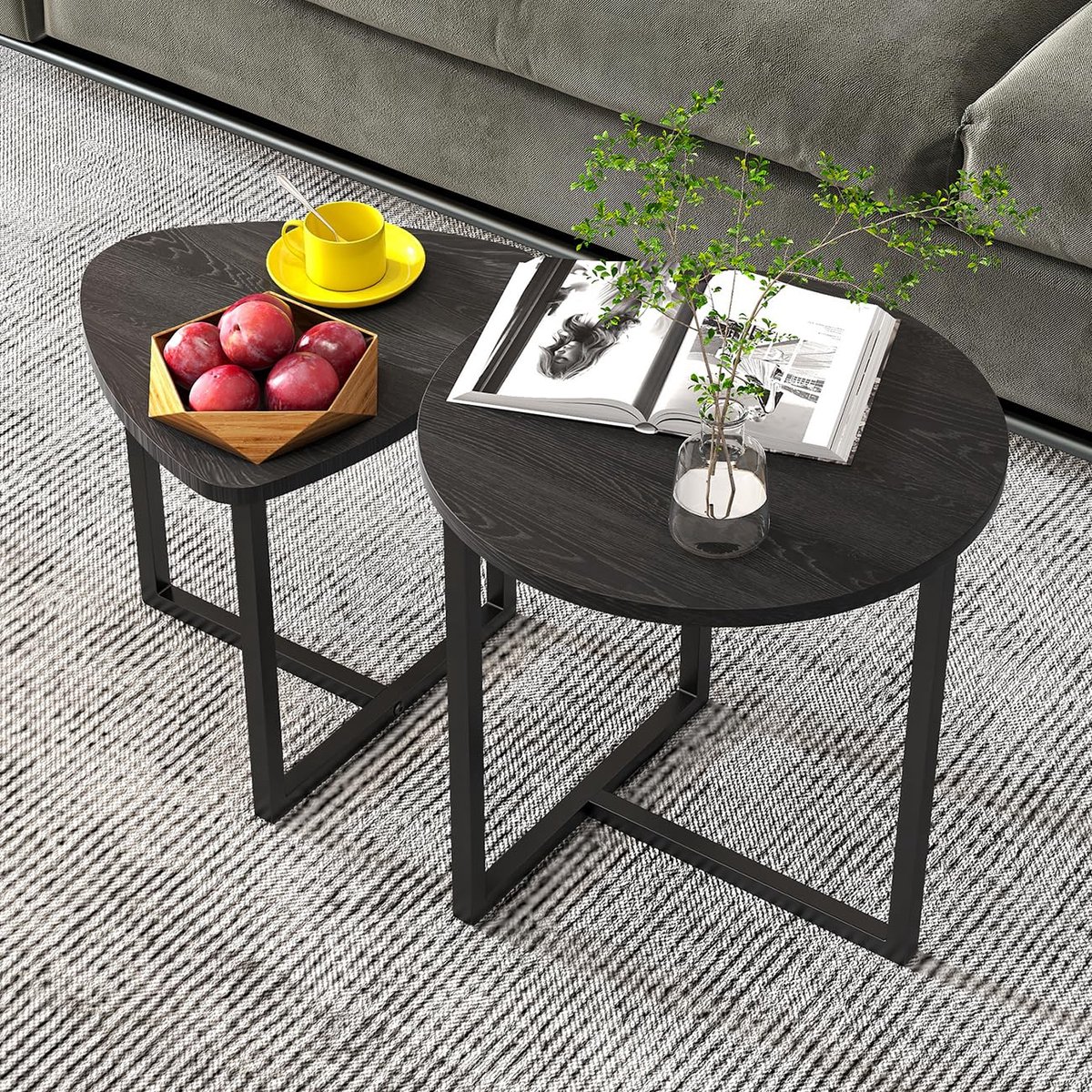 Couchtafel Set 2 Delig - Ronde Bijzettafels 45x48 en 42x40 cm Met Houtnerf en Stalen Frame Zwart