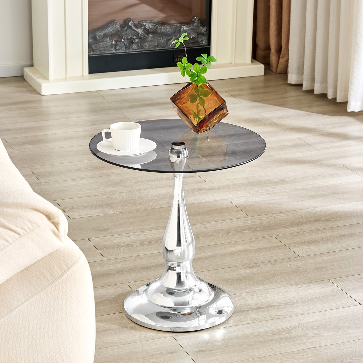 Runder Glazen Bijzettafel 50 cm - Moderne Salontafel Met Gehard Glas En Stabiele Sokkel Zilver