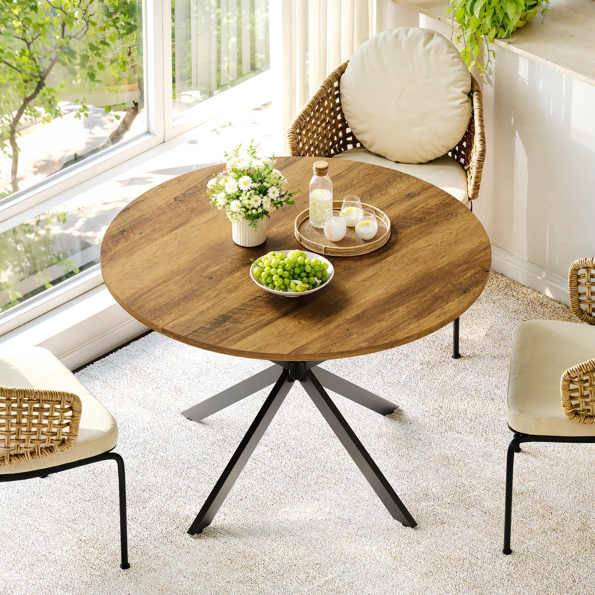 Ronde Eettafel 120 cm - Boerderijstijl Tafel Met X-Potens En Stalen Frame - Retro Bruin Zwart