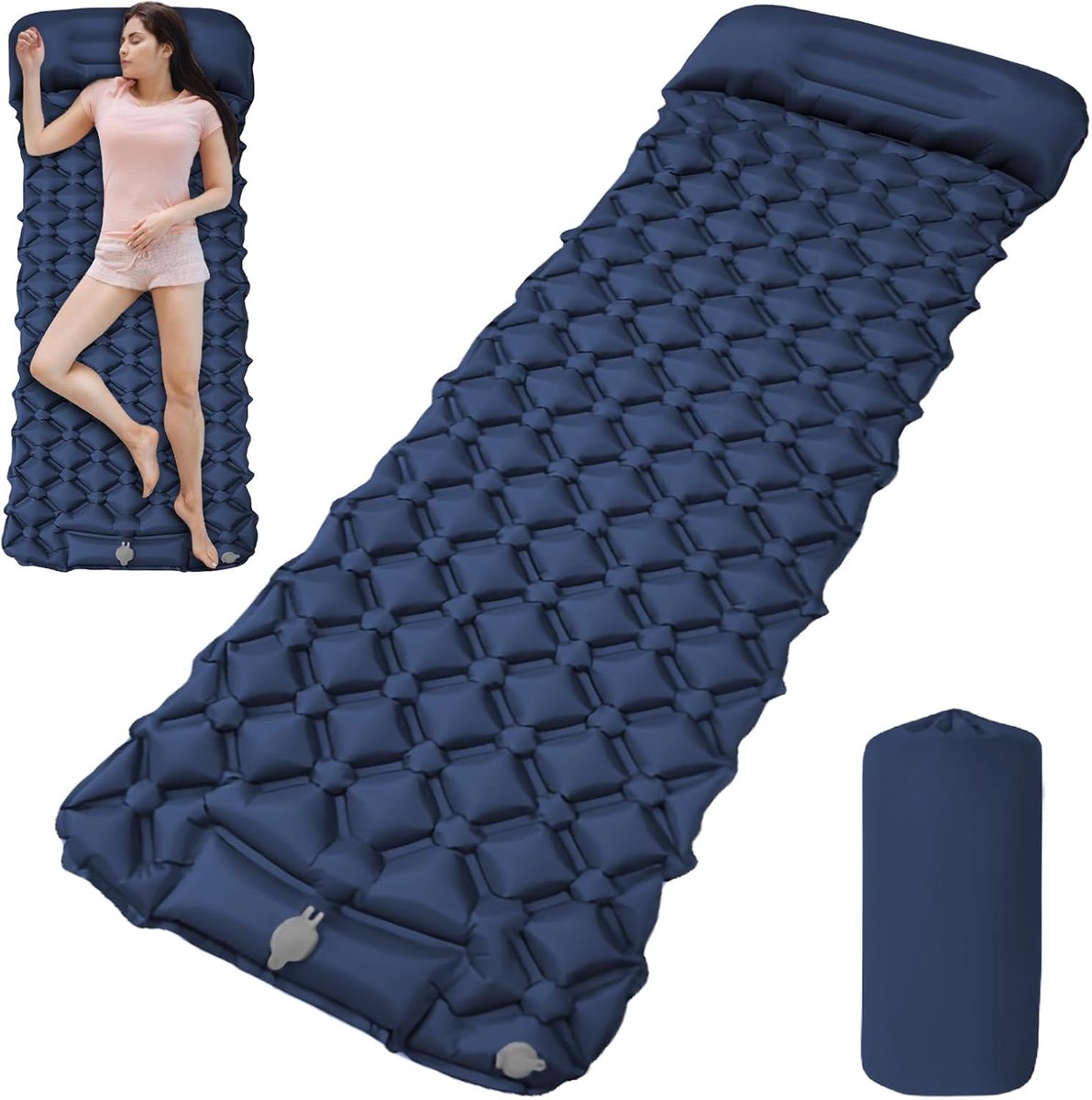 Zelfopblazende slaapmat - marineblauw - ultralicht met voetpomp - waterdicht en compact voor kamperen - ShopVlot
