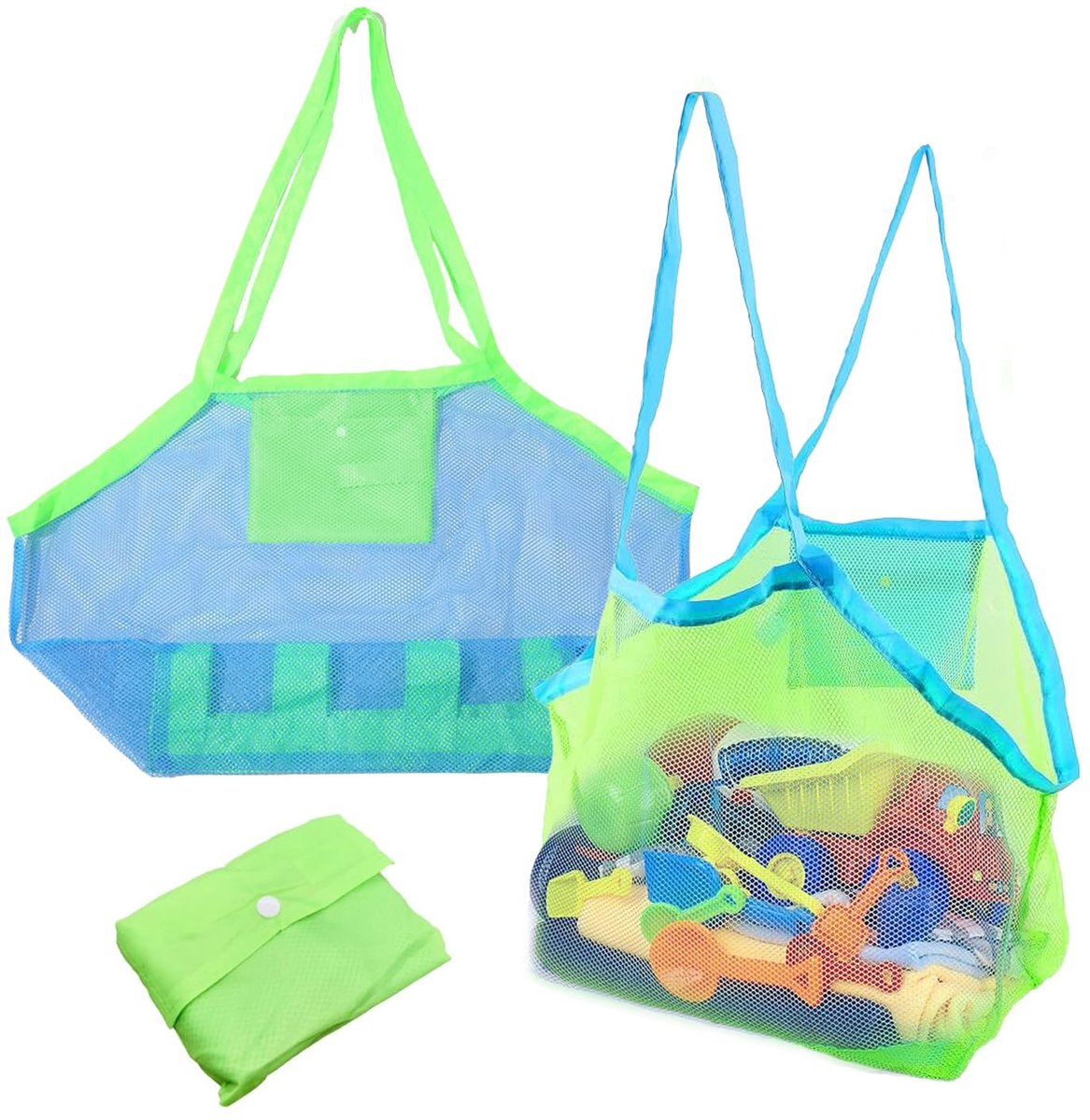 Strandtas voor speelgoed 2x 45x45x26 cm - Mesh - Groen en Blauw - Opvouwbaar en lichtgewicht - ShopVlot