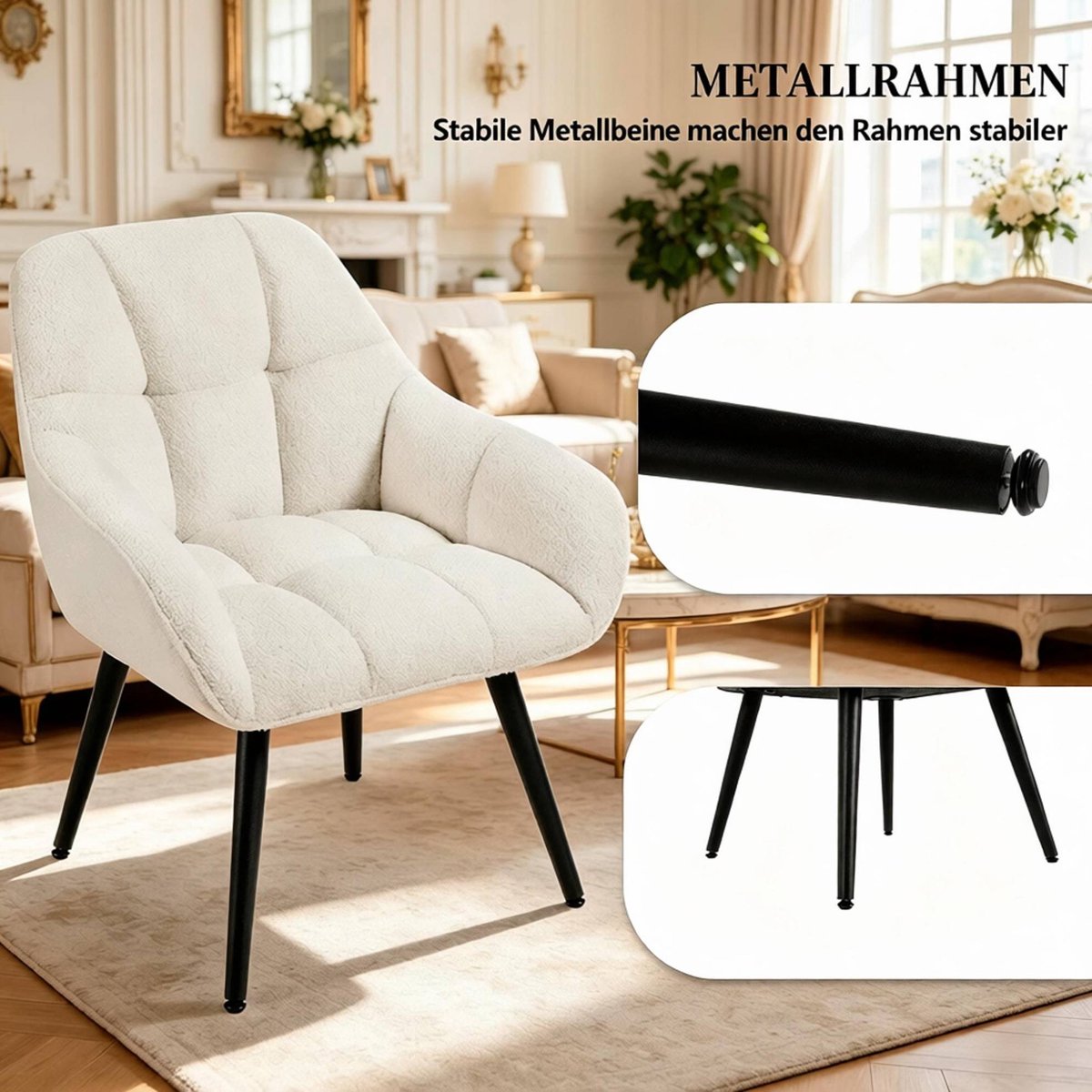 OKWISH Fauteuil 1-Zits - Gestoffeerde Relaxstoel Met Armleuningen En Hoge Metalen Poten - Voor Woonkamer, Slaapkamer En Leeshoek - Crème