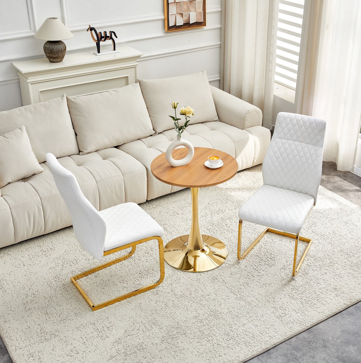 COVREO Set tafel en stoelen 60 cm wit goud, MDF met 2 stoelen ruitpatroon