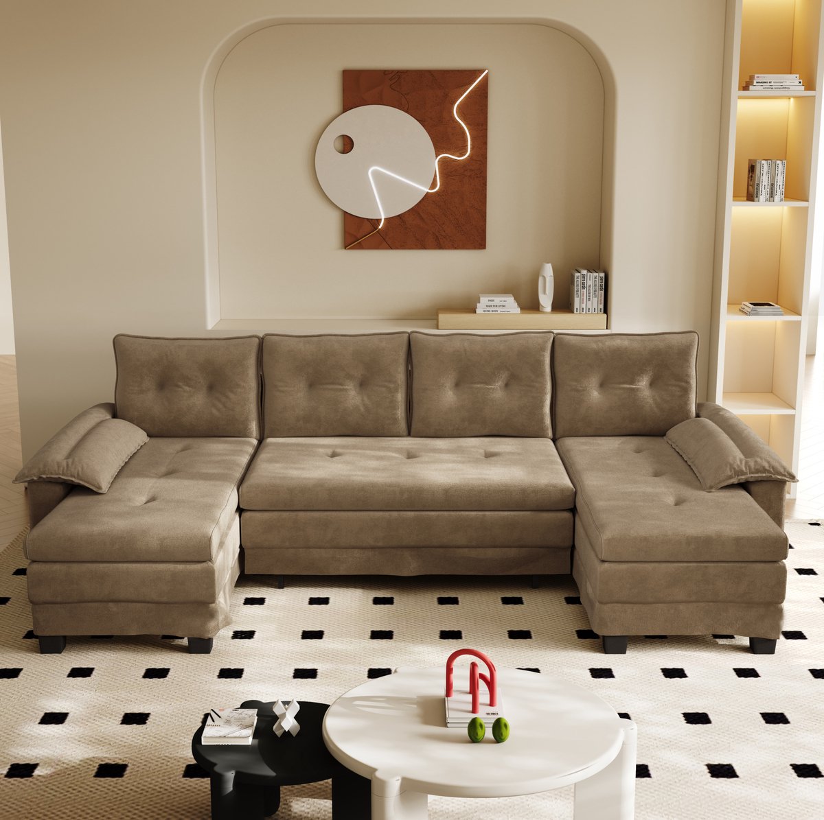 DESMIU U-Bank 278 Cm - Slaapbank Met Uittrekbaar Bed, USB-Aansluiting En Afneembare Armleuningen - Voor Woonkamer - Chenille - Khaki