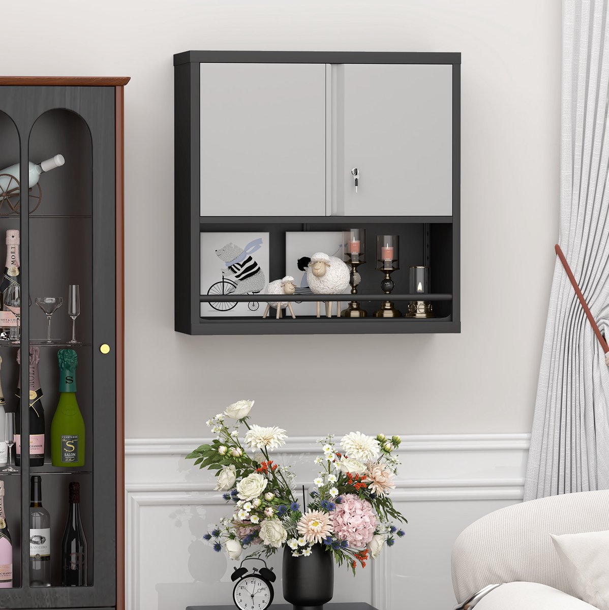 OKWISH Wandkast - Lockerkast Met 2 Deuren En Verstelbare Planken - Afsluitbare Muurkast Voor Woonkamer, Keuken En Garage - Metaal Zwart Wit - 76,2 Cm