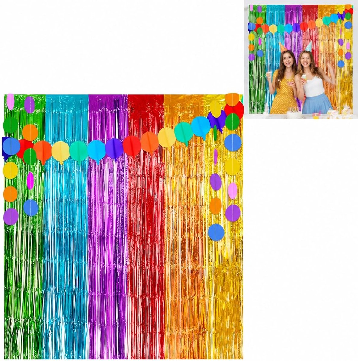 Feestdecoratie set - 1x2m gouden en rode folie gordijnen - regenboog ballonnen - perfect voor partytijd - ShopVlot