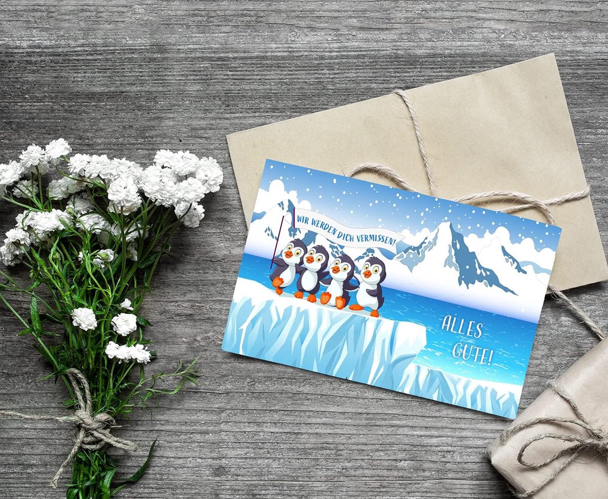Farewell kaart 18x12cm - Vouwkaart met pinguïns - Inclusief witte envelop - Perfect voor afscheid collega - ShopVlot
