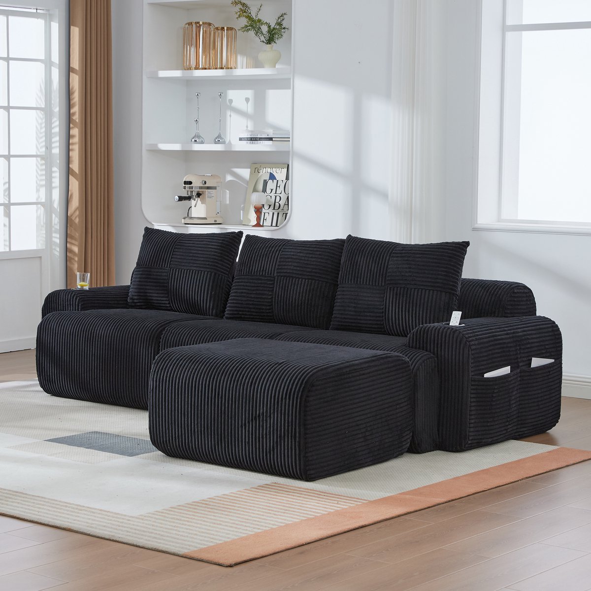 DESMIU Bank - Modulaire 3-Zits Hoekbank Met Hocker - Met Cupholder En Opbergtas - Voor Woonkamer En Familiekamer - Corduroy Zwart