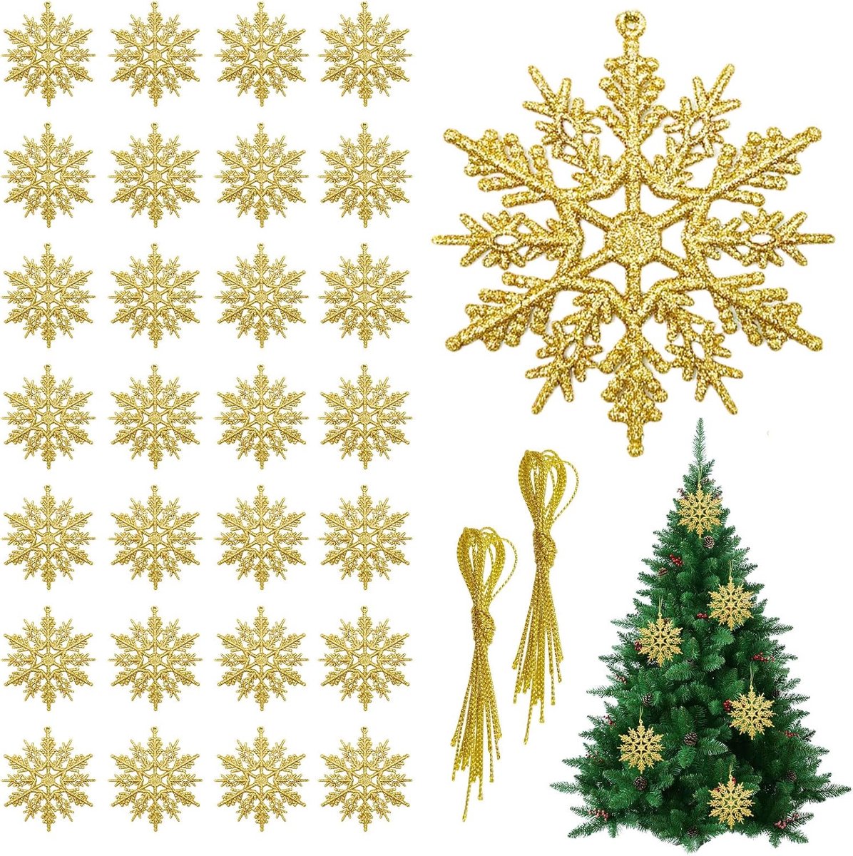 Hangende kerstdecoraties 10 cm - gouden glitter sneeuwvlokken - feestelijke versiering - perfect voor kerstbomen - ShopVlot