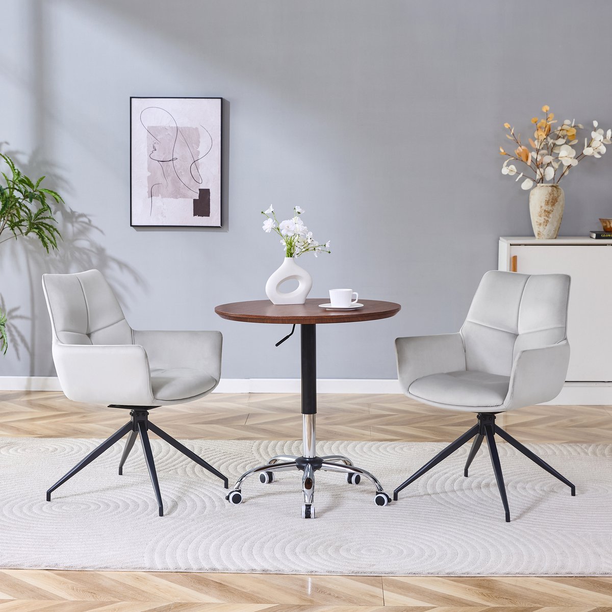 COVREO Eetkamerstoel 85 cm, lichtgrijs stof, zwart metaal, 360° draaibaar