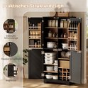 Zwarte voorraadkast met schuurdeuren, open en gevuld, met uitvergrote details van deuren en planken.