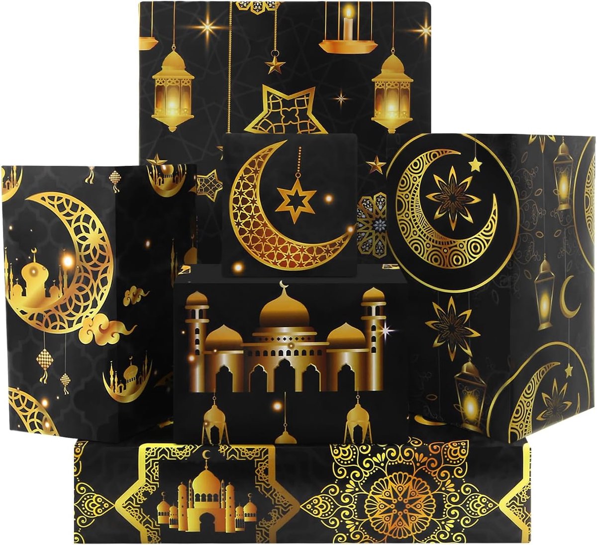 Inpakpapier Eid Mubarak - 6 vellen 50x70 cm - Luxe ontwerpen met sterren, maan en lantaarns - ShopVlot