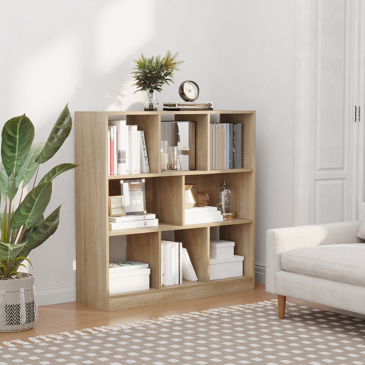 OKWISH Boekenkast – 97,5 X 30 X 100 Cm – 3 Niveaus Open Opbergruimte – Spaanplaat – Eikenkleur – Voor Woonkamer En Kantoor Oak