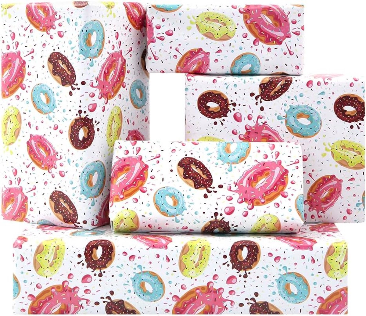 Verjaardagsinpakpapier donuts - 4 vellen 50 x 70 cm - kleurrijk ontwerp - perfect voor kinderen - ShopVlot