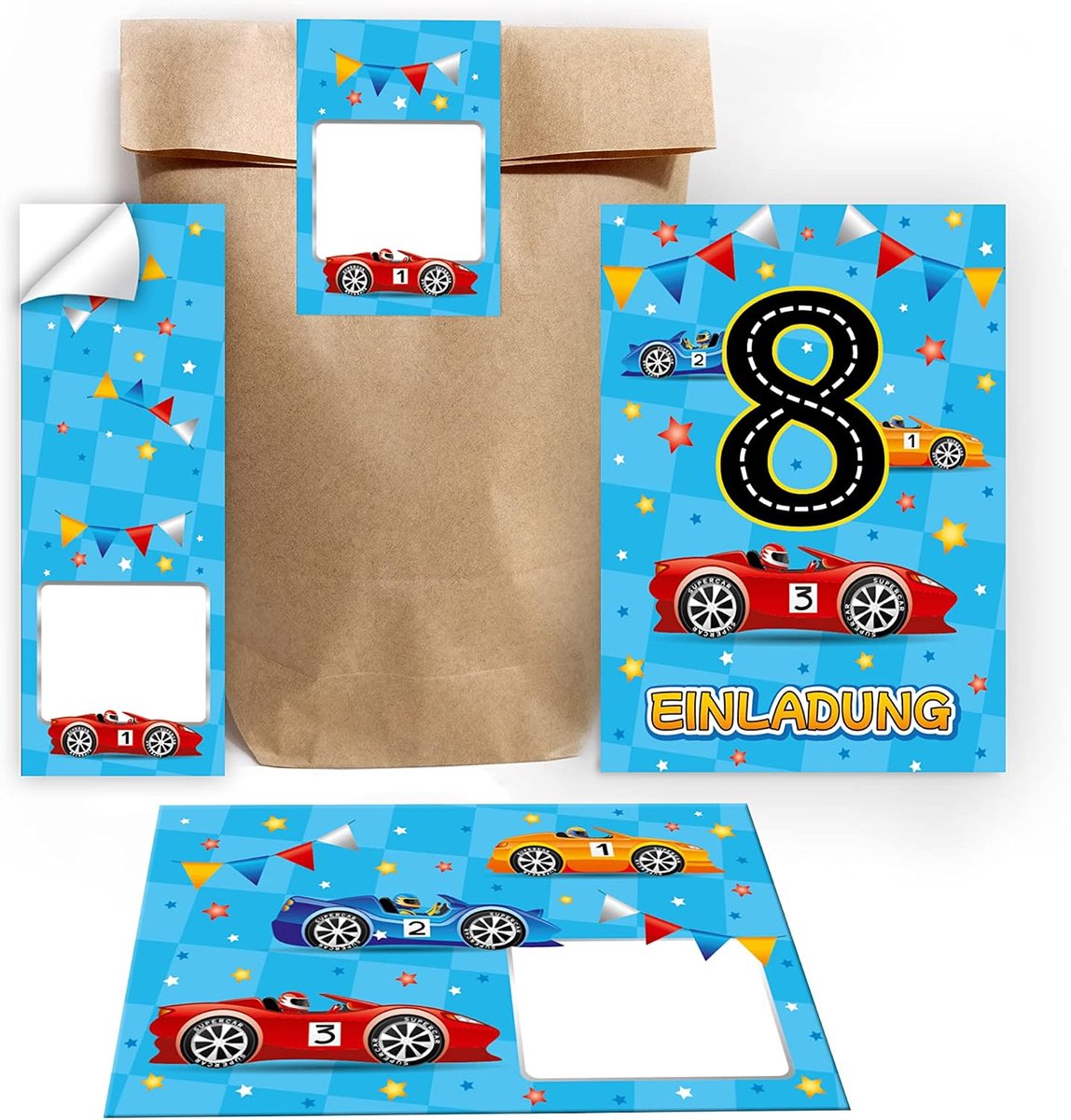 uitnodigingskaarten 8e verjaardag - raceauto - inclusief enveloppen en stickers - perfect voor jongensfeest - ShopVlot