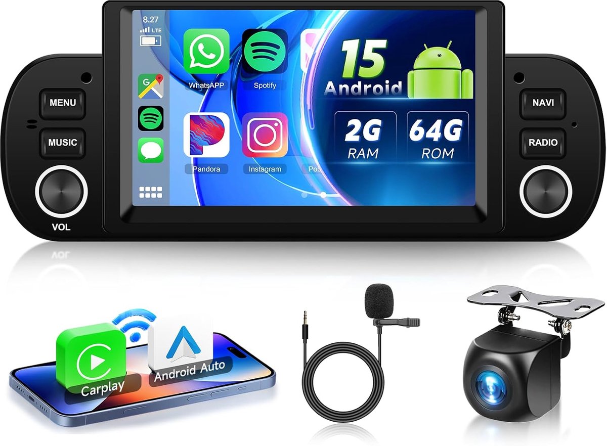 Car Radio 2G + 64G Android 15 - 6.2 Inch HD Touch Screen - Carplay en Android GPS - Inclusief achteruitrijcamera - ShopVlot