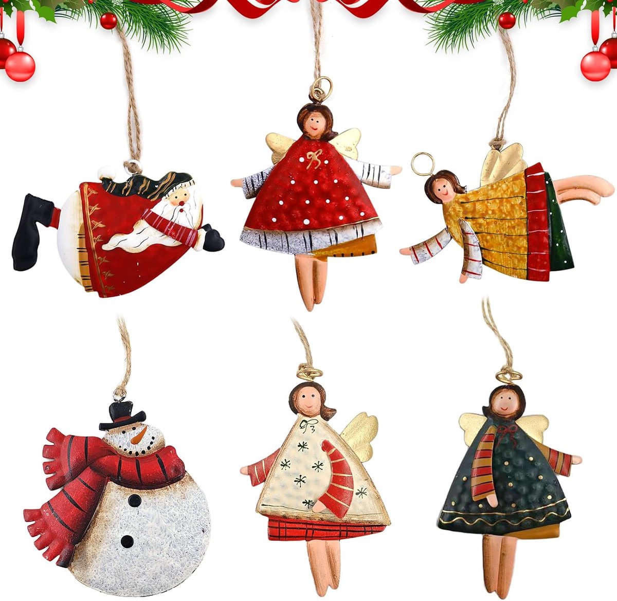 Kerstboomversiering 6-delig - metalen hangers - sneeuwman, kerstman en beschermengel - creëer een feestelijke sfeer - ShopVlot