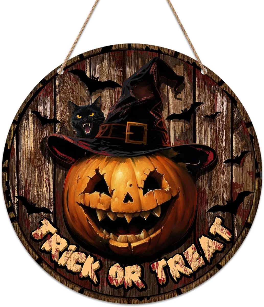 Houten Halloween Deurbord 20cm - Pompoen Decoratie - Trick or Treat - Creëer een griezelige sfeer - ShopVlot