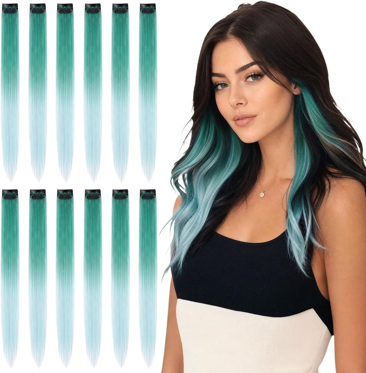 Clip-in Haarextensions 12 stuks - Ombre Groen naar Mint - 55 cm Steil Haar - Directe Glamour voor Feest - ShopVlot