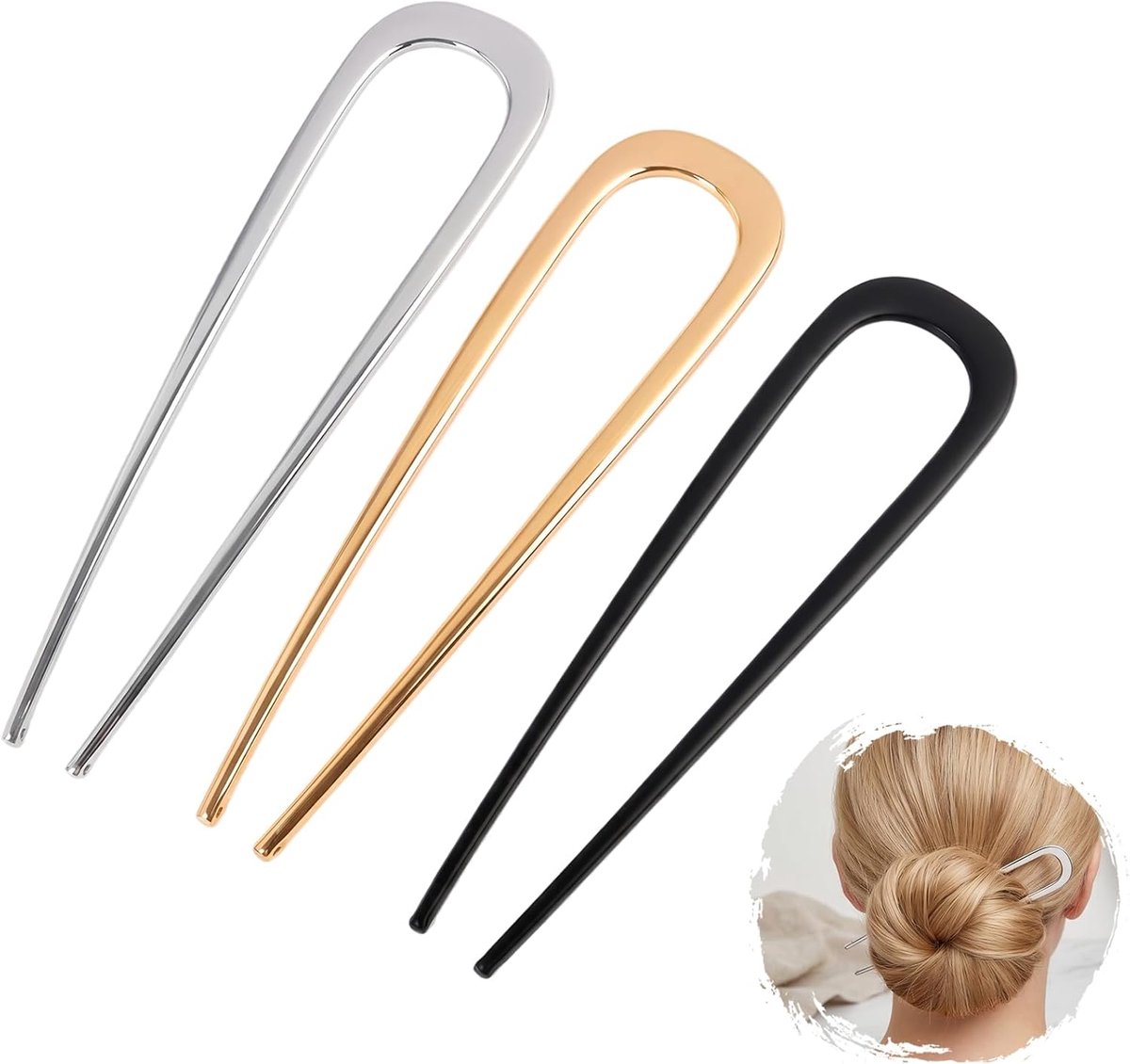 3 stuks U-vormige Franse haarspelden, 14 cm, metalen haarspeld voor lang, dik haar, French Twist haarspeld, elegant en - ShopVlot