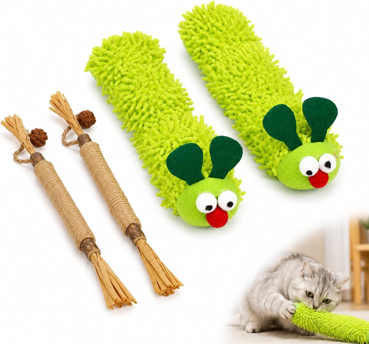 Kattenspeelgoedset 4-delig - Pluche rupsen en wijnstokken - Tandreiniging en anti-stress - ShopVlot