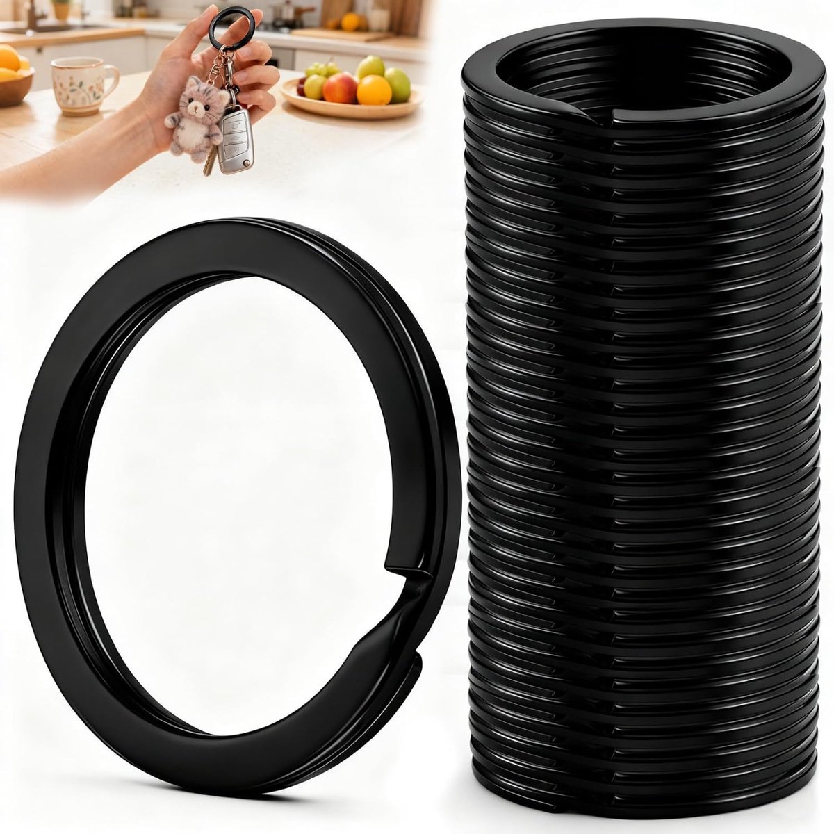 Sleutelhangers 25mm - vlak metaal zwart - 30 stuks - ideaal voor sleutels en accessoires - ShopVlot